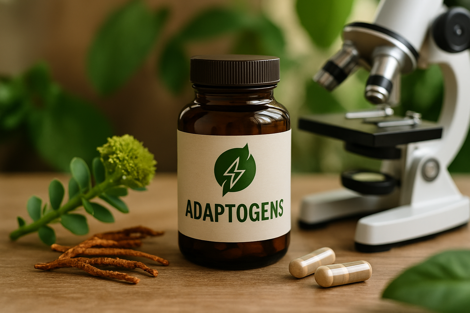 Verschiedene Adaptogene wie Rhodiola, Cordyceps und Ginseng neben einer Tasse Kräutertee als natürliche Energiequelle