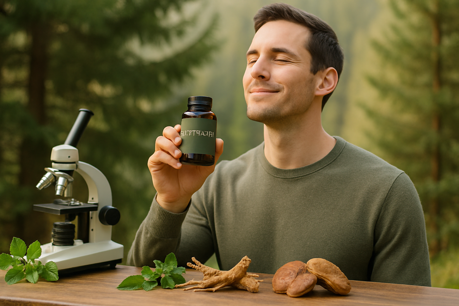 Adaptogene Heilpflanzen im Winter mit warmem Tee und Schnee im Hintergrund