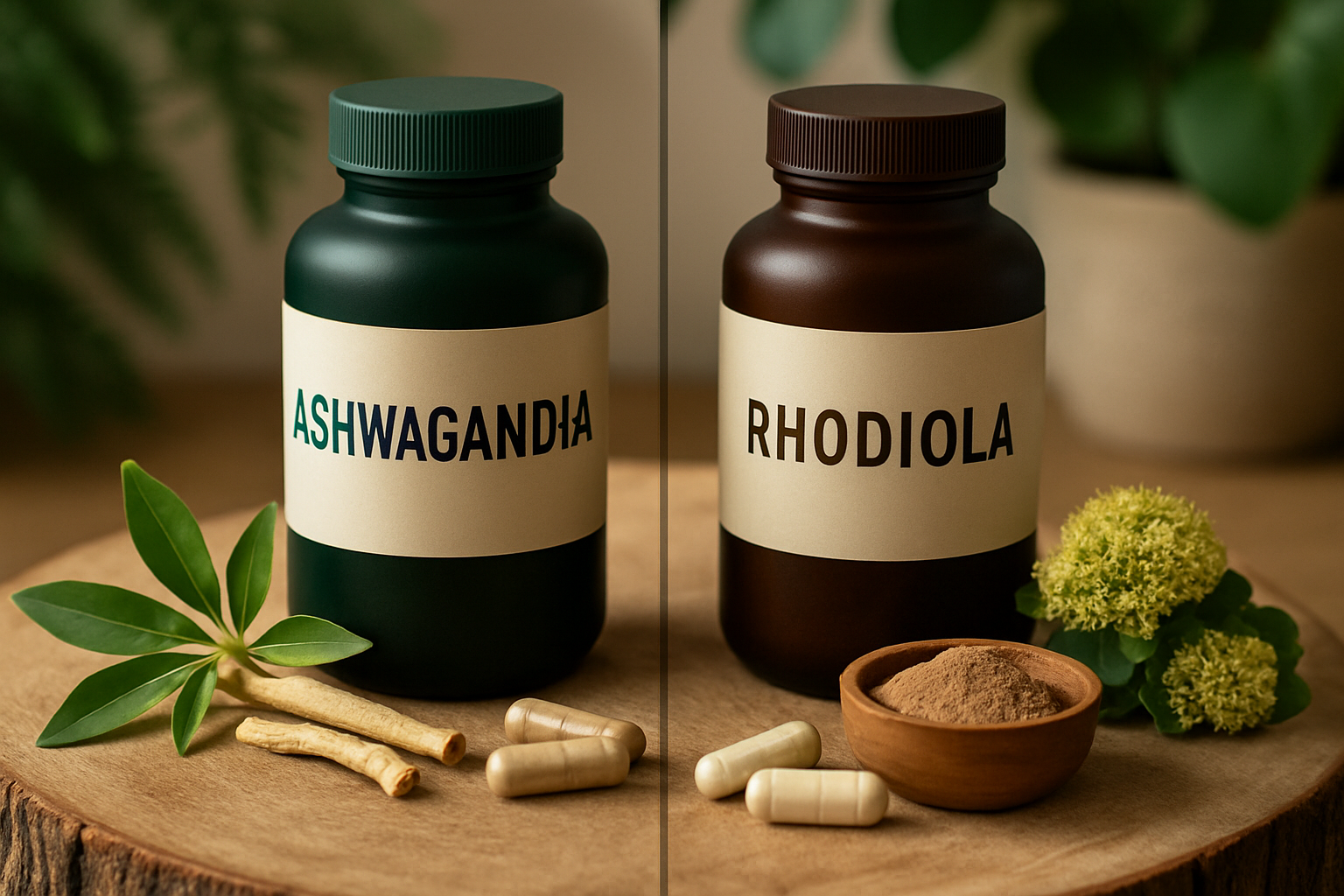 Vergleich zwischen Ashwagandha und Rhodiola Rosea Supplements mit Pflanzen im Hintergrund