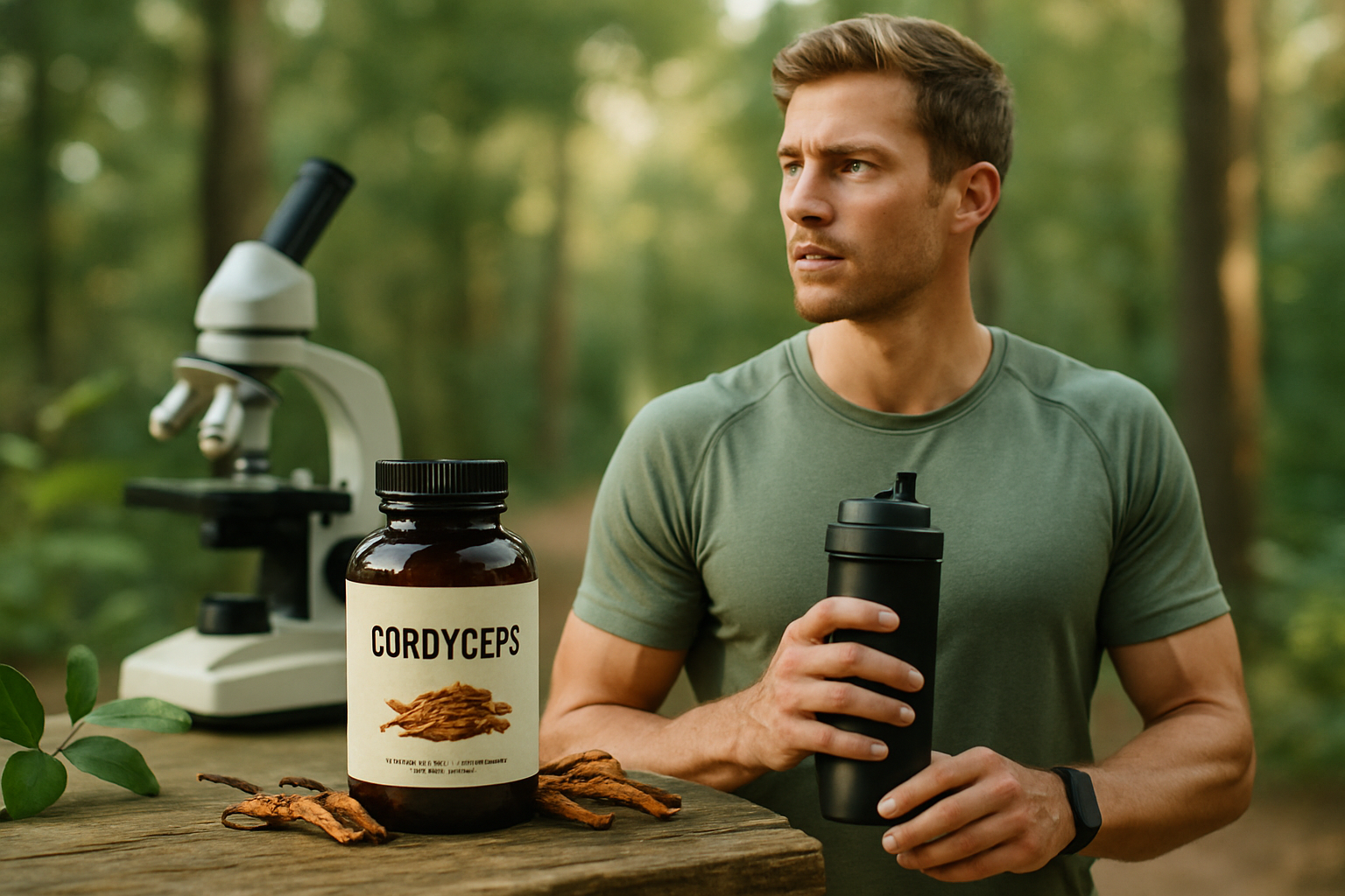 Cordyceps Pilz und Pulver auf natürlichem Hintergrund mit sportlichem Akzent