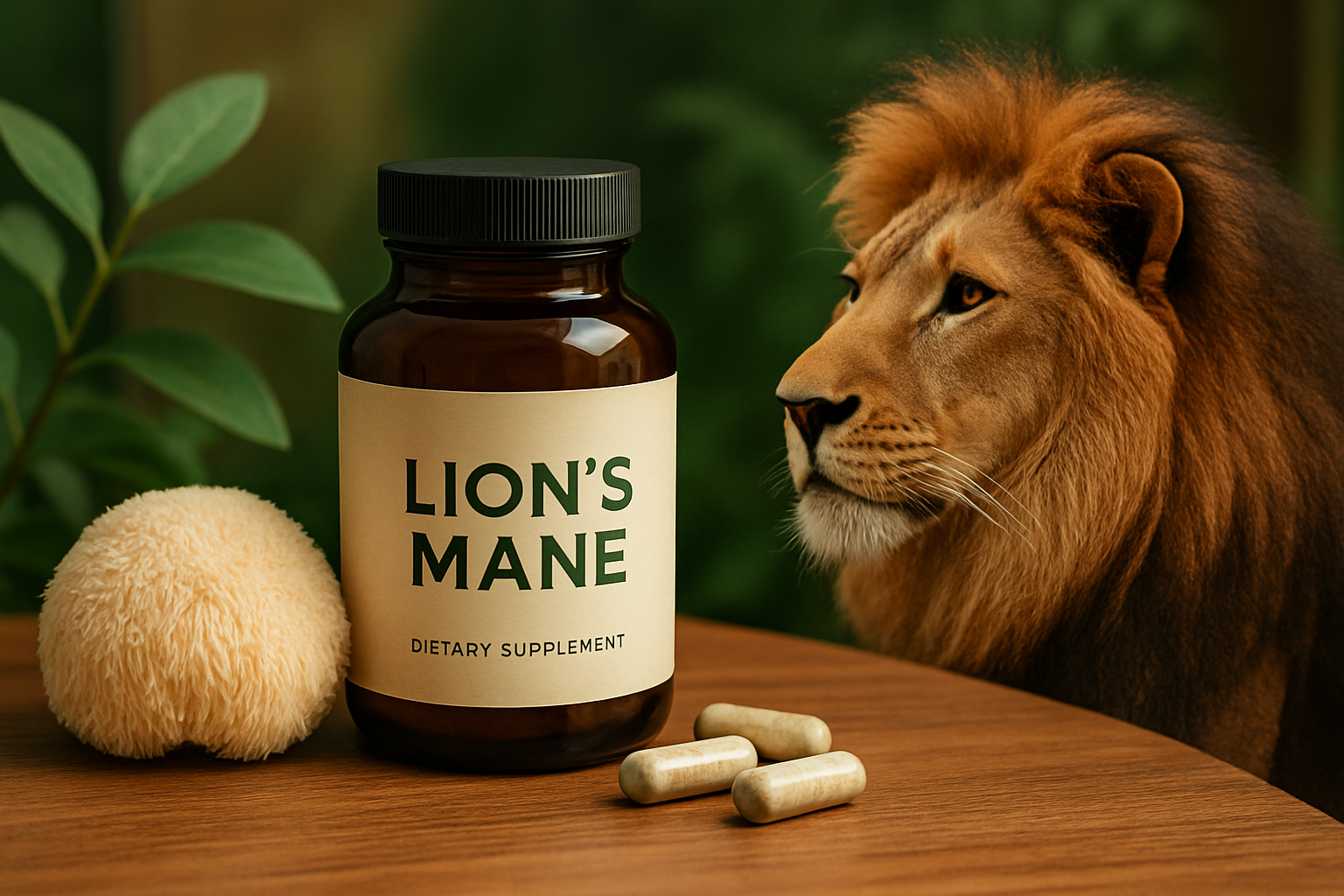 Lion's Mane Pilz (Hericium erinaceus) auf Holz, symbolisiert natürliche Gehirngesundheit