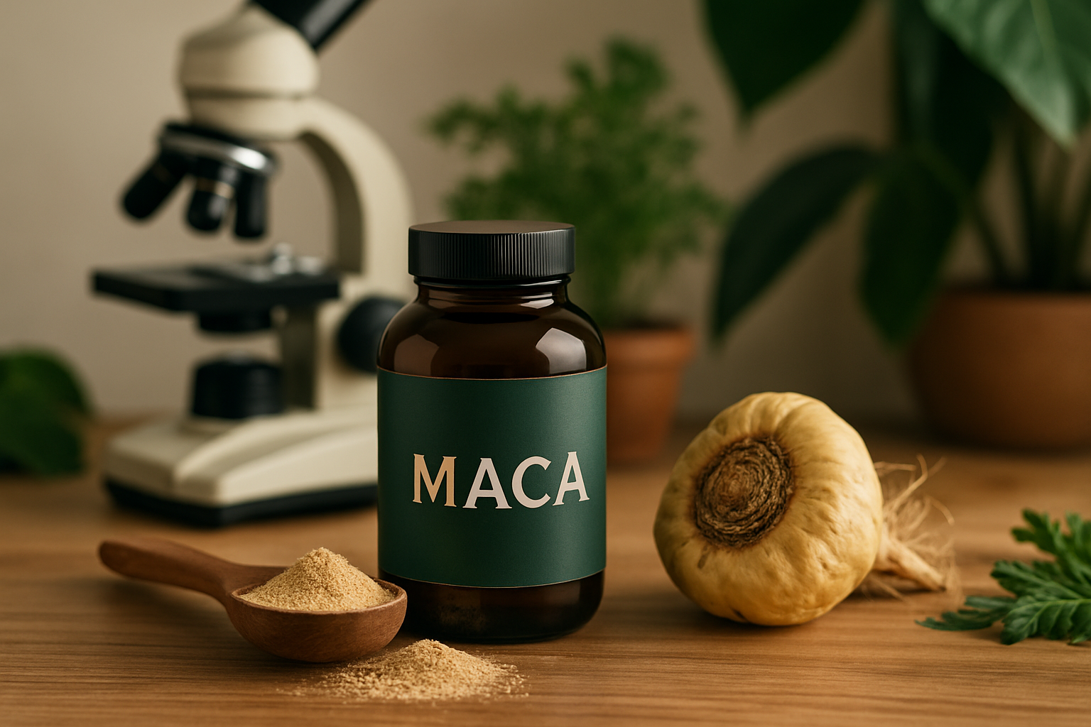 Maca Wurzel und Pulver in verschiedenen Farben auf rustikalem Hintergrund