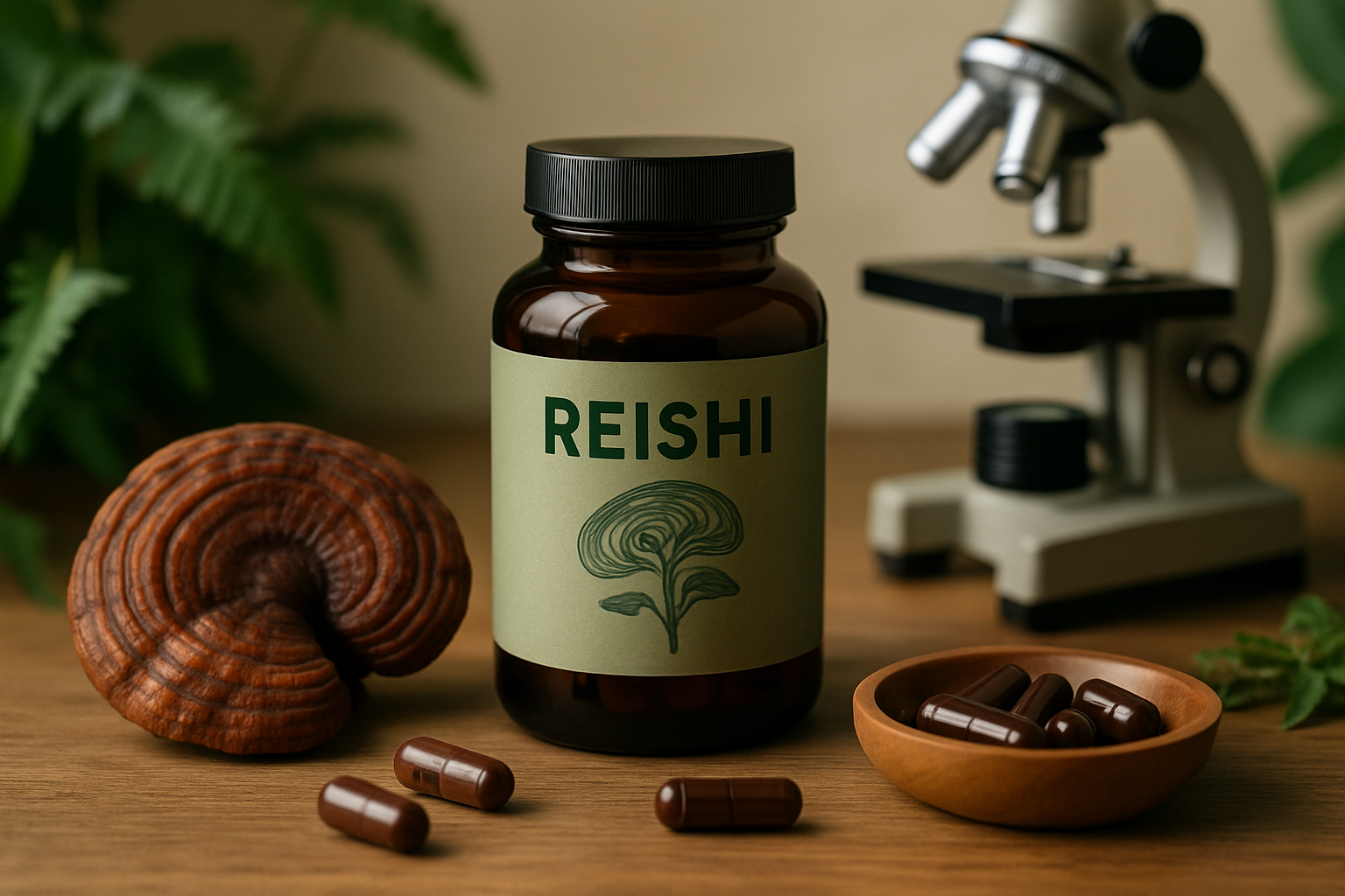 Reishi Vitalpilz auf Holz mit beruhigendem Ambiente für besseren Schlaf