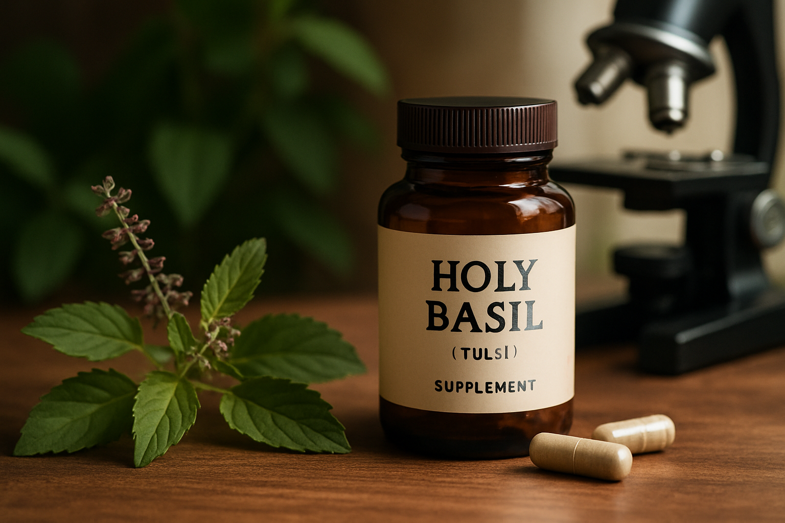 Tulsi Holy Basil Pflanze mit grünen Blättern – adaptogenes Heilkraut aus dem Ayurveda